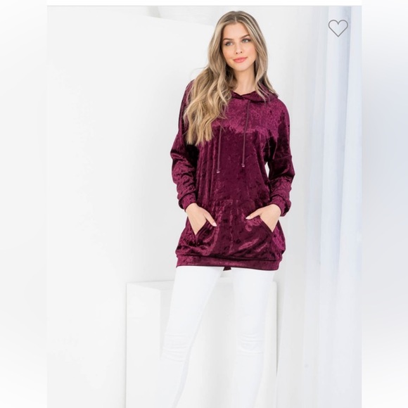 New! Velvet Soft Burgundy Plum Hoodie Kangaroo Pocket Pullover Sweater Top - Picture 9 of 9